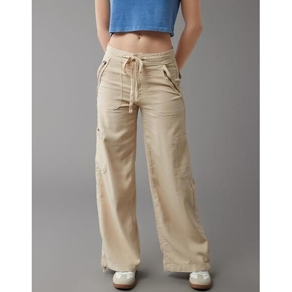 American Eagle Pants Womens Size 8 Tan Dreamy Drape Baggy Wide Leg Linen Cargo - Picture 1 of 13